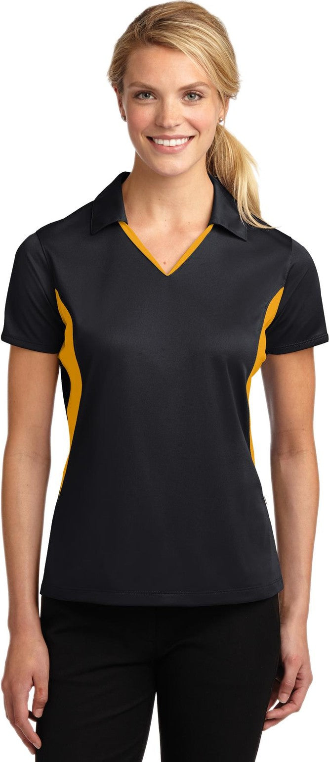 Front View of Black/Gold Sport-Tek Women's Side Blocked Micropique Sport-Wick Polo. LST655
