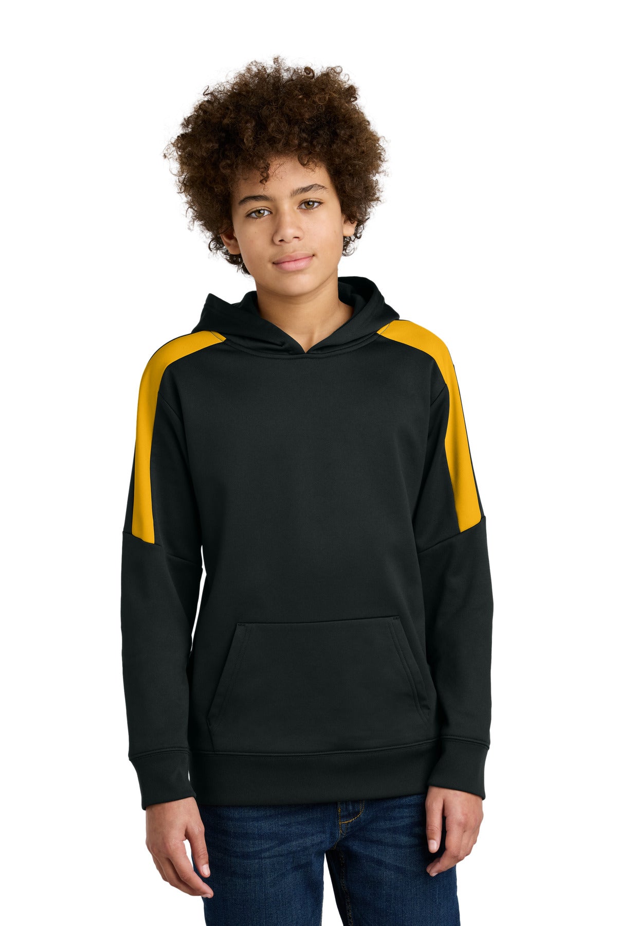 Front View of Black/Gold Sport-Tek Youth Sport-Wick Fleece United Pullover Hoodie YST255