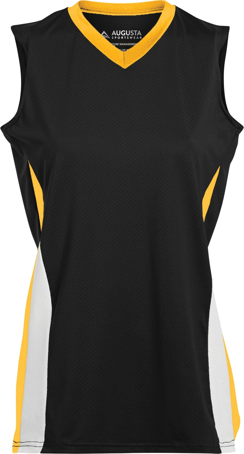 Front View of BLACK/GOLD/WHITE GIRLS TORNADO JERSEY