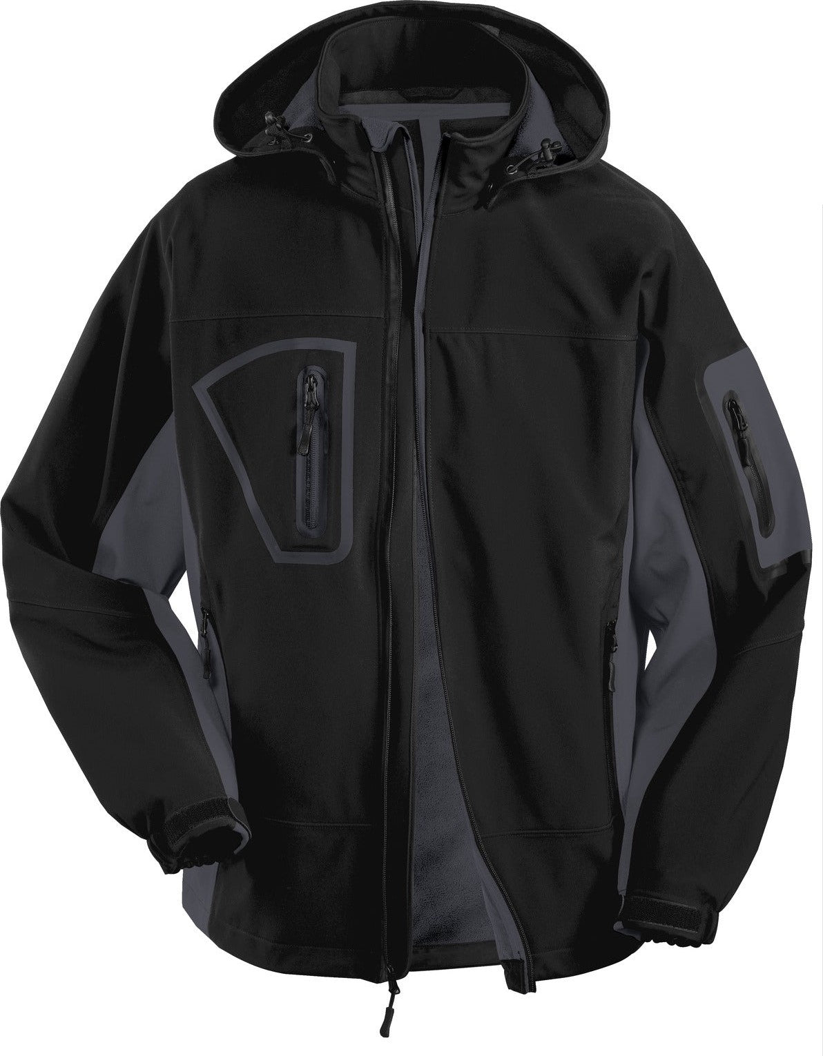 Front View of Black/Graphite Port Authority Tall Waterproof Soft Shell Jacket. TLJ798