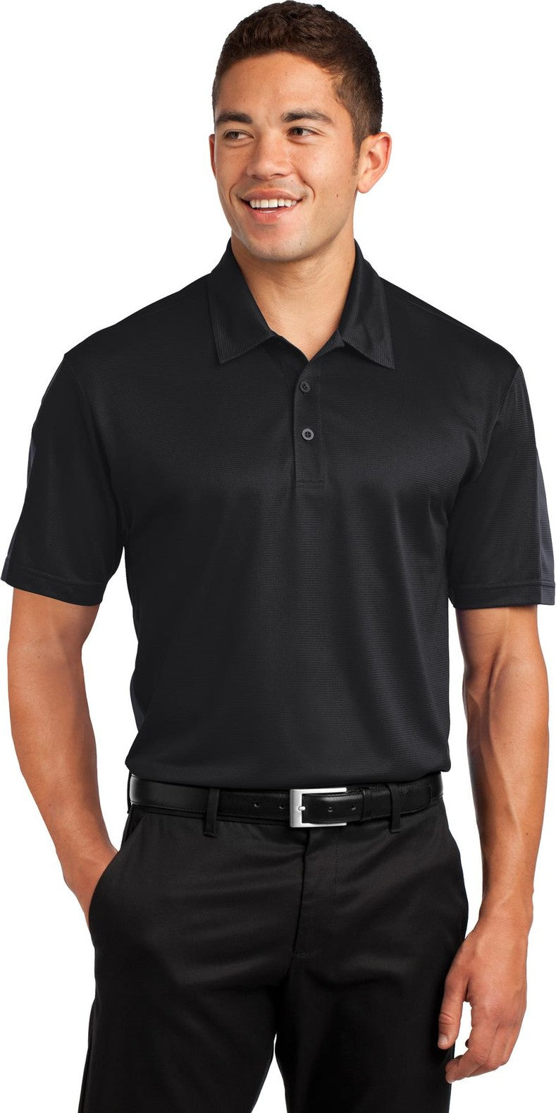 Front View of Black/Grey Sport-Tek PosiCharge Active Textured Colorblock Polo. ST695