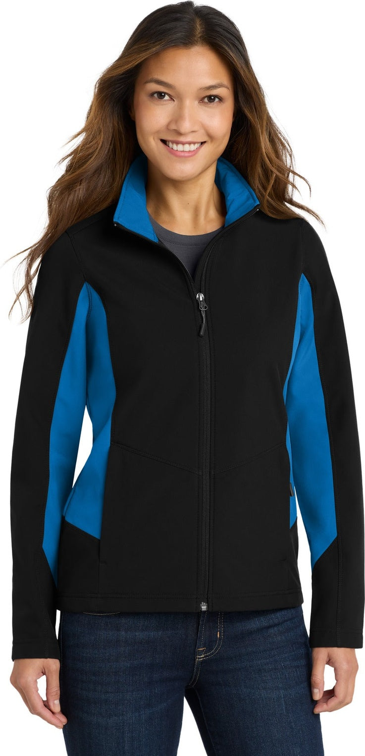 Front View of Black/Imp Blue Port Authority Women's Core Colorblock Soft Shell Jacket. L318
