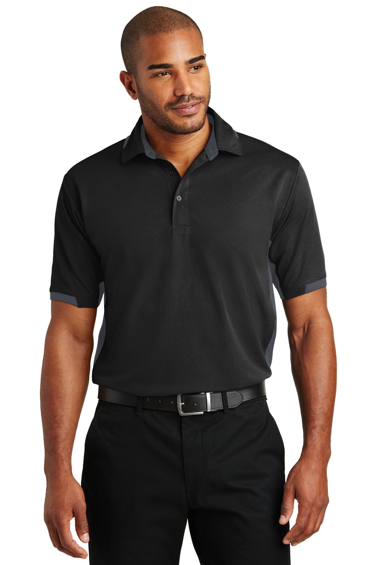 Front View of Black/Iron Gry Port Authority Dry Zone Colorblock Ottoman Polo. K524