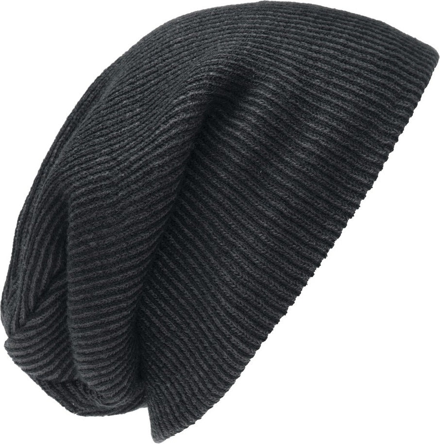 Front View of Black/Iron Gry Port Authority Rib Knit Slouch Beanie. C935