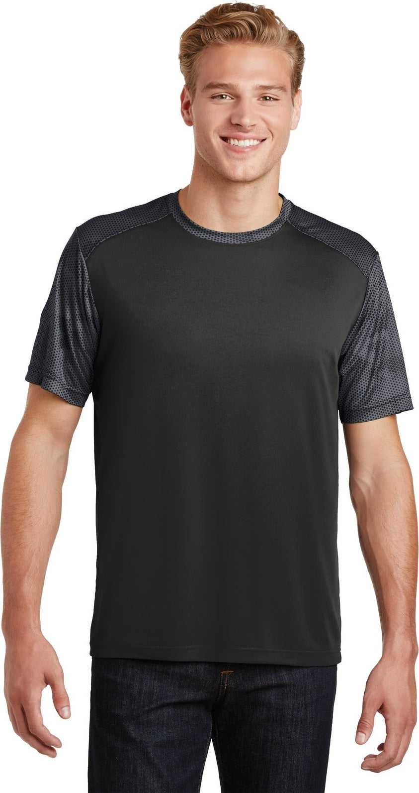Front View of Black/Iron Gry Sport-Tek CamoHex Colorblock Tee. ST371