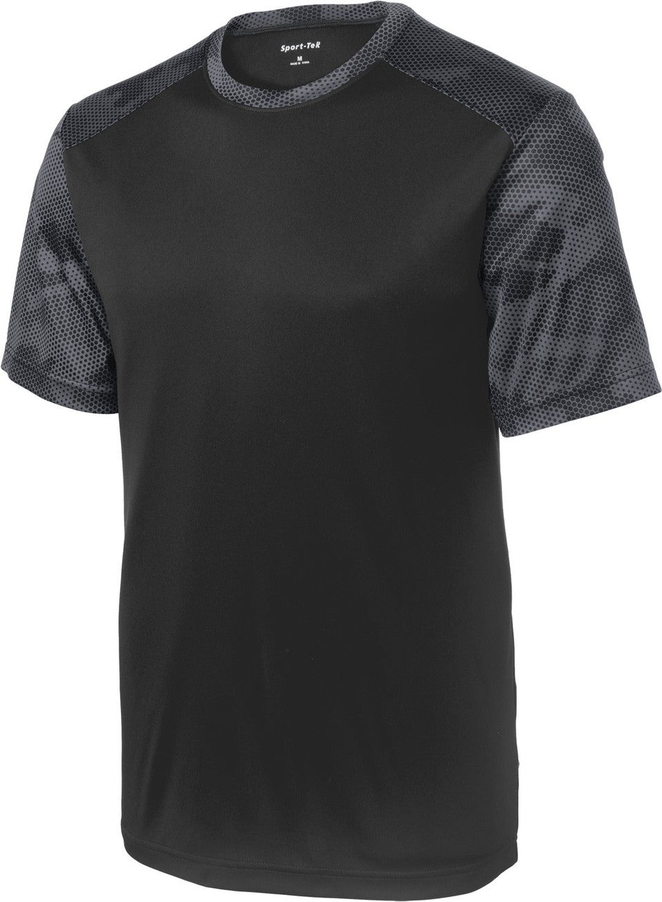 Front View of Black/Iron Gry Sport-Tek CamoHex Colorblock Tee. ST371