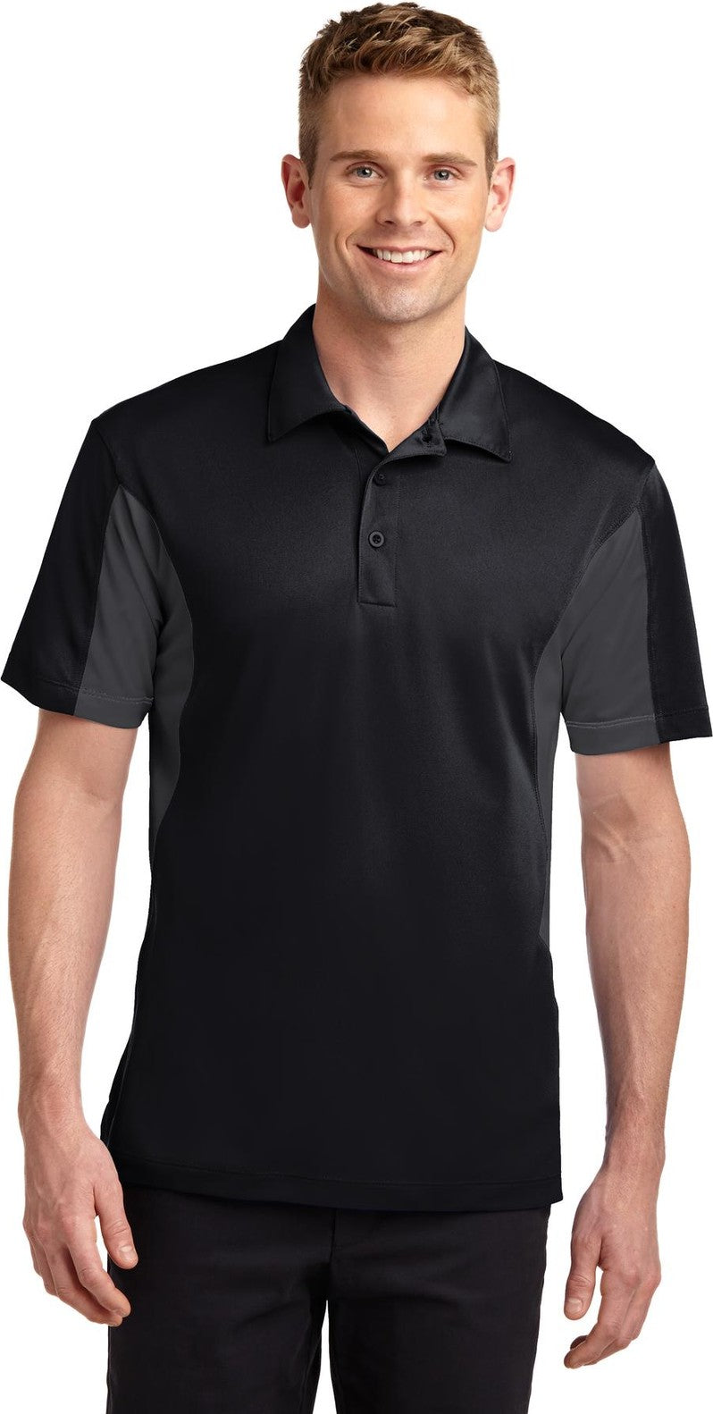 Front View of Black/Iron Gry Sport-Tek Side Blocked Micropique Sport-Wick Polo. ST655