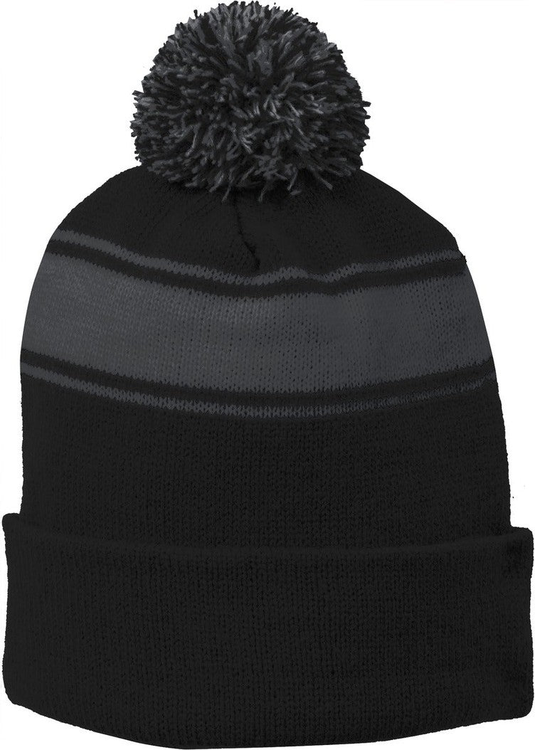 Black/Iron Gry Sport-Tek Stripe Pom Pom Beanie. STC28