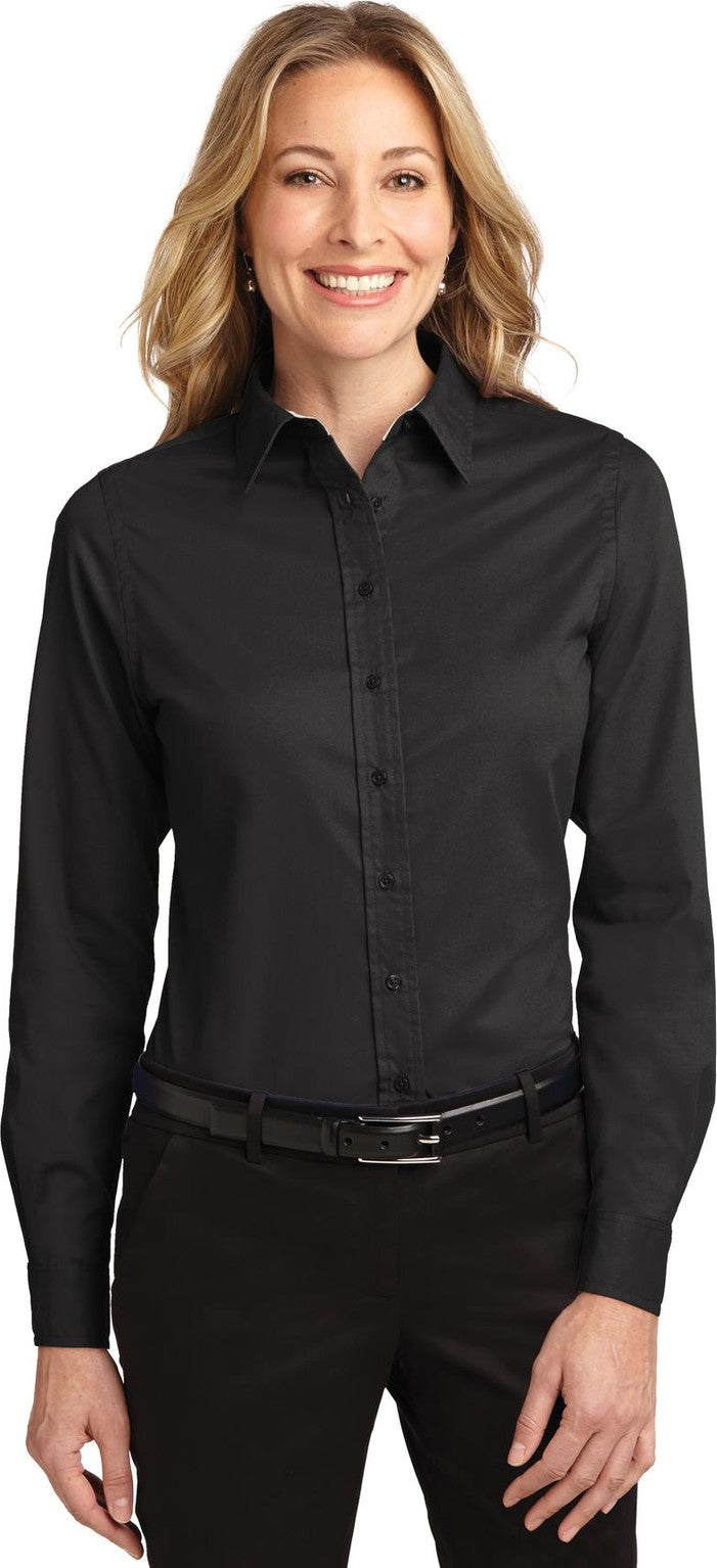 Front View of Black/Lt Stone Port Authority Women's Long Sleeve Easy Care Shirt. L608