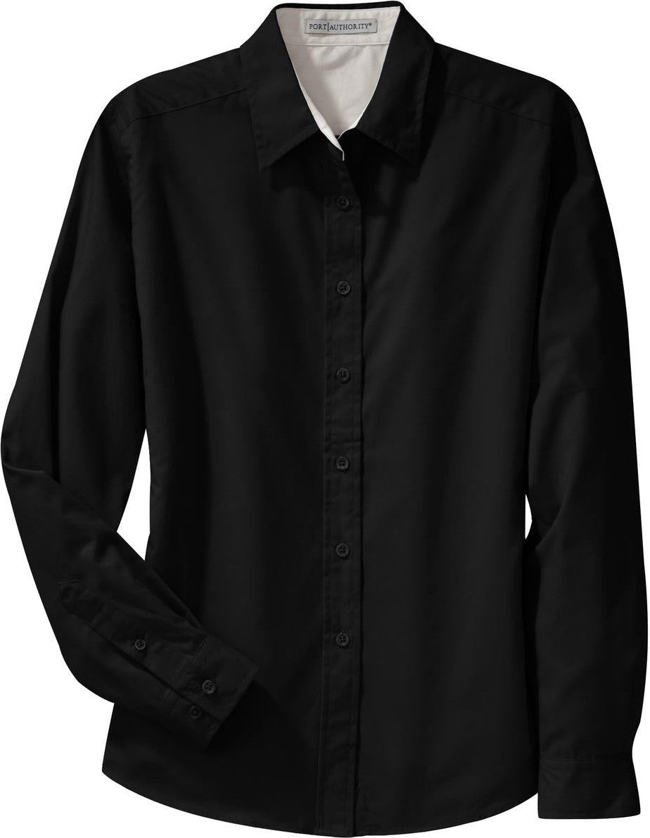 Front View of Black/Lt Stone Port Authority Women's Long Sleeve Easy Care Shirt. L608