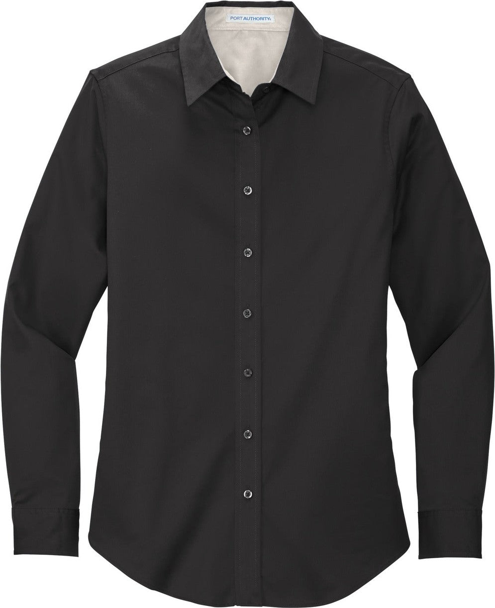Front View of Black/Lt Stone Port Authority Women's Long Sleeve Easy Care Shirt. L608