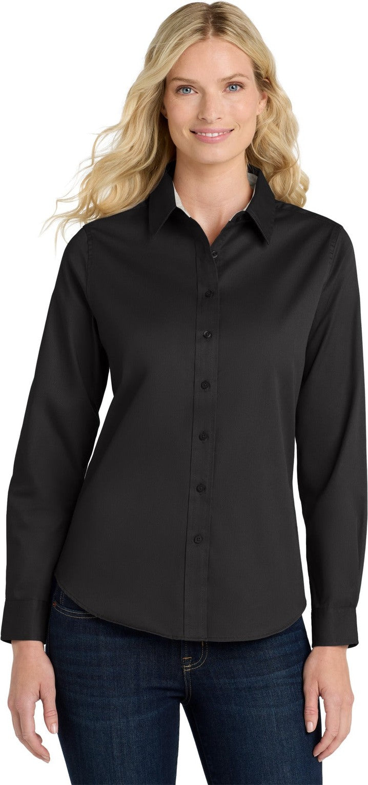 Front View of Black/Lt Stone Port Authority Women's Long Sleeve Easy Care Shirt. L608
