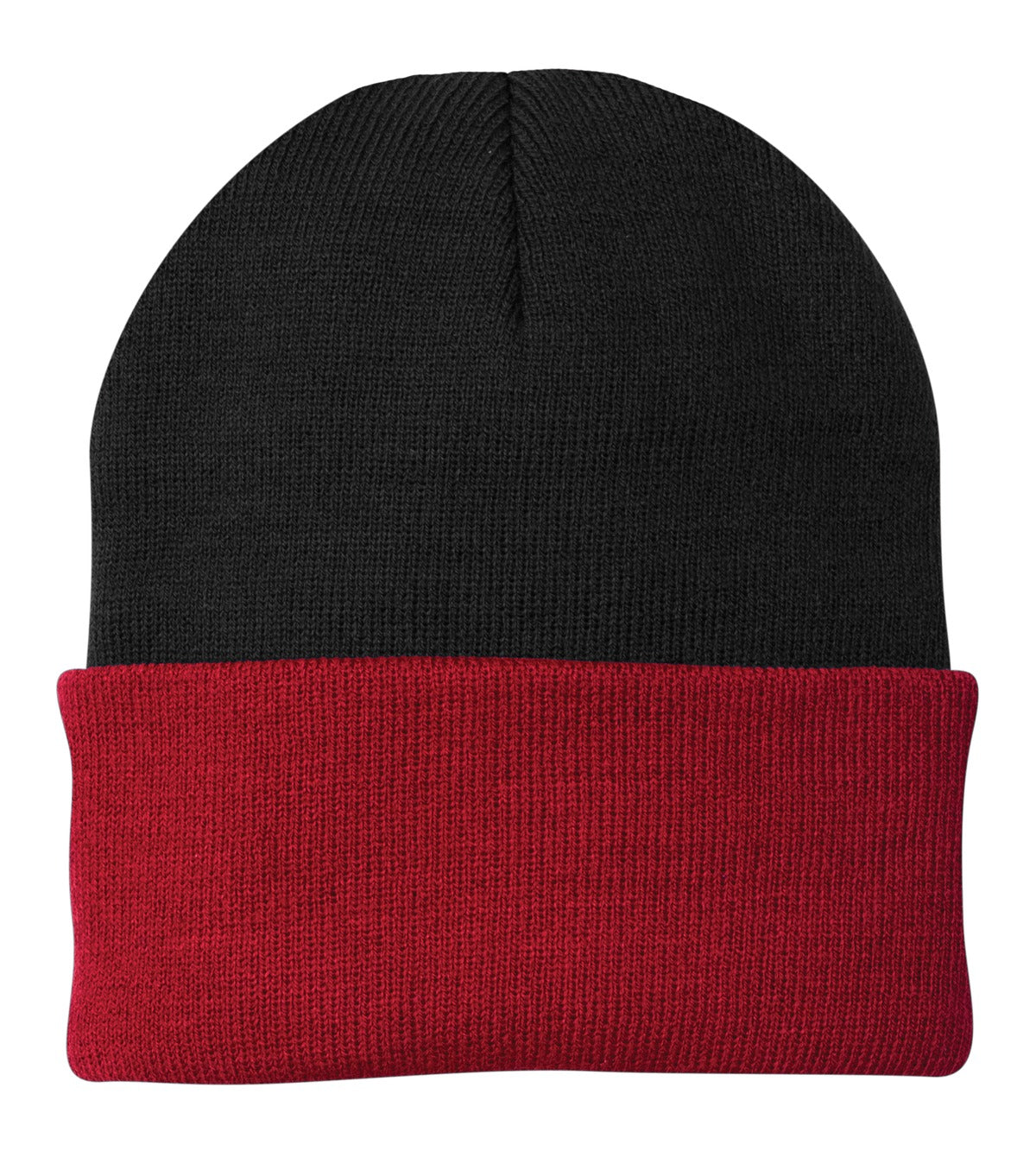 Front View of Black/Red Port Authority Knit Cap. CP90
