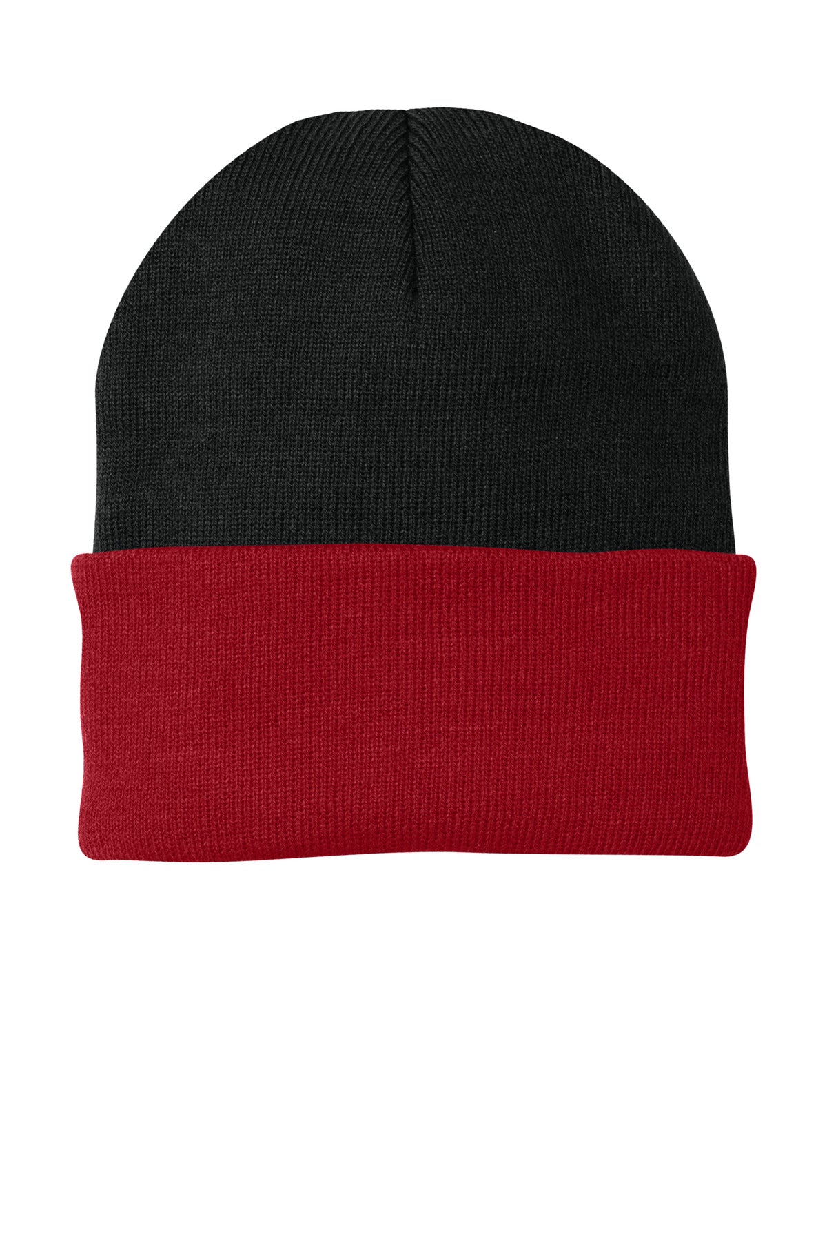 Front View of Black/Red Port Authority Knit Cap. CP90