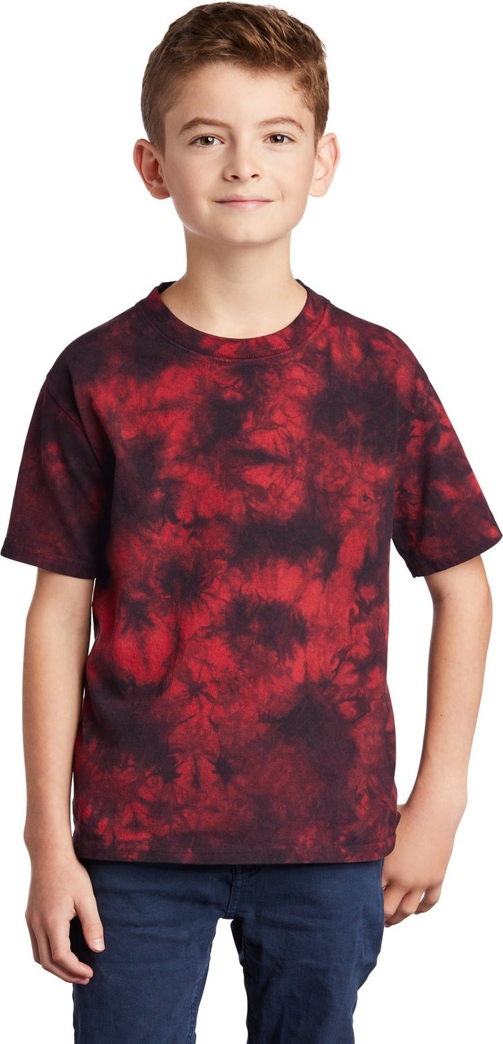Front View of Black/Red Port & Co Youth Crystal Tie-Dye Tee PC145Y