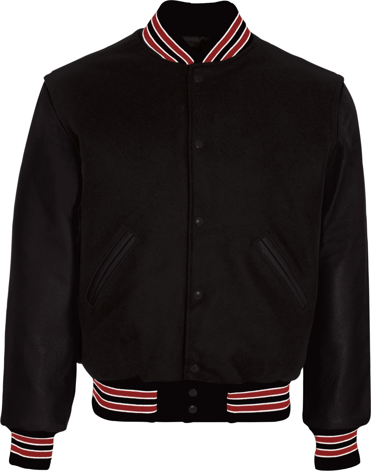 Front View of BLACK/SCARLET/WHITE VARSITY WOOL JACKET