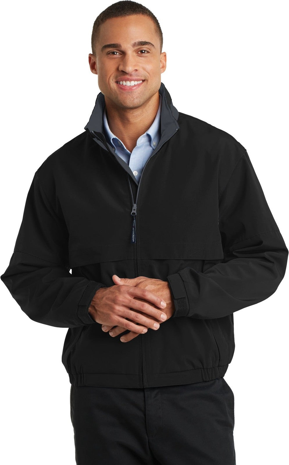 Front View of Black/Steel Gy Port Authority Legacy Jacket. J764