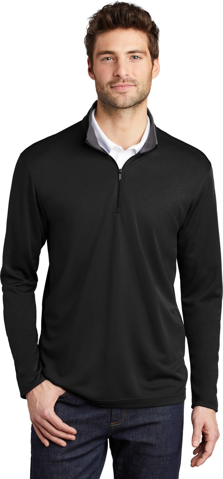 Front View of Black/Steel Gy Port Authority Silk Touch Performance 1/4-Zip K584