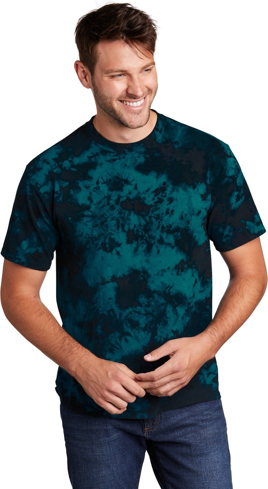 Front View of Black/Teal Port & Co Crystal Tie-Dye Tee PC145