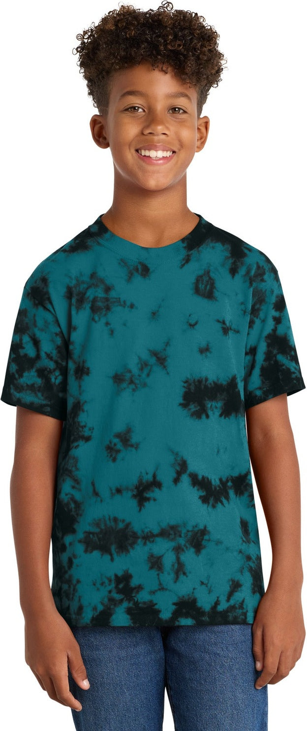 Front View of Black/Teal Port & Co Youth Crystal Tie-Dye Tee PC145Y