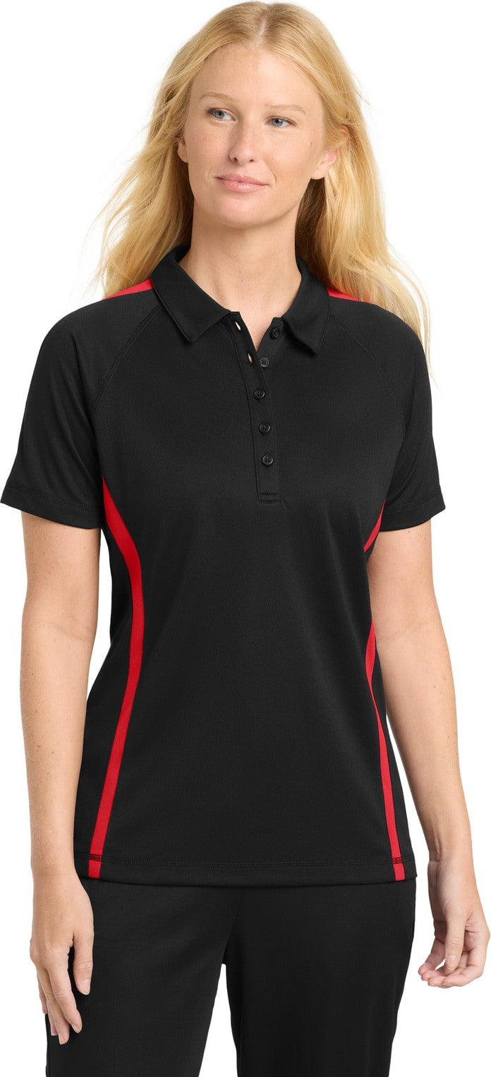 Front View of Black/Tr Red Sport-Tek Women's PosiCharge Micro-Mesh Colorblock Polo. LST685