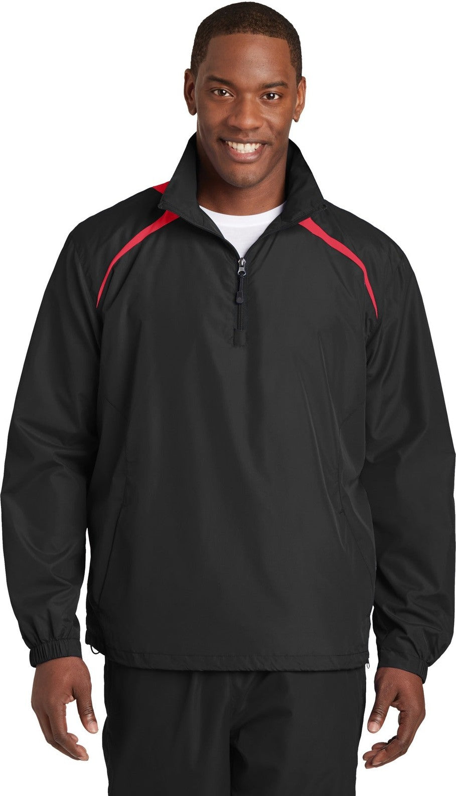 Front View of Black/True Red Sport-Tek 1/2-Zip Wind Shirt. JST75