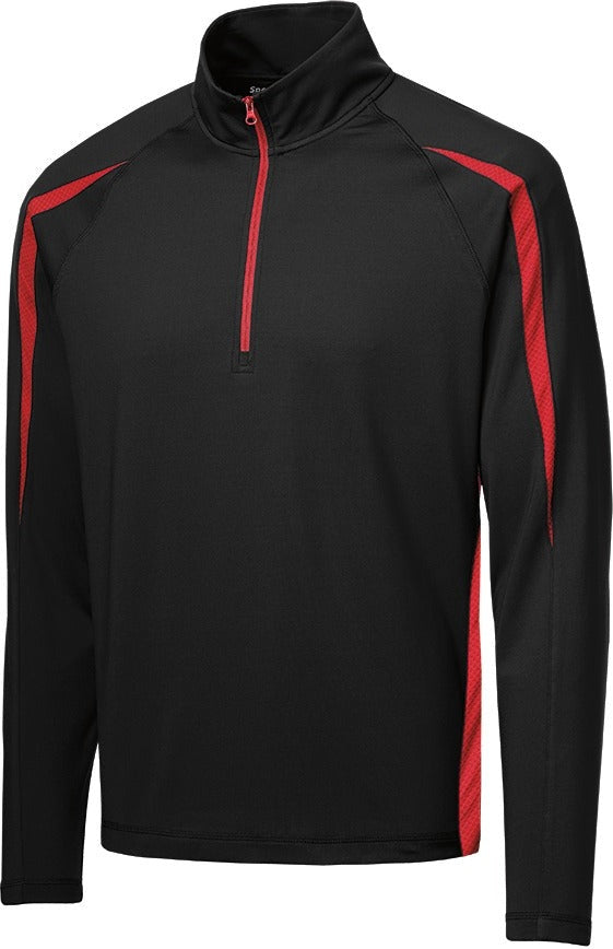 Front View of Black/True Red Sport-Tek Sport-Wick Stretch 1/4-Zip Colorblock Pullover. ST851