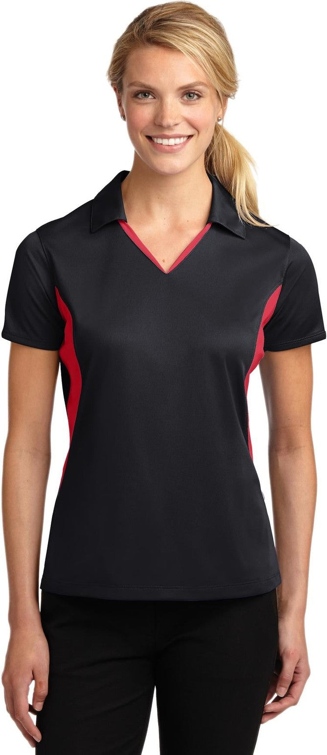 Front View of Black/True Red Sport-Tek Women's Side Blocked Micropique Sport-Wick Polo. LST655