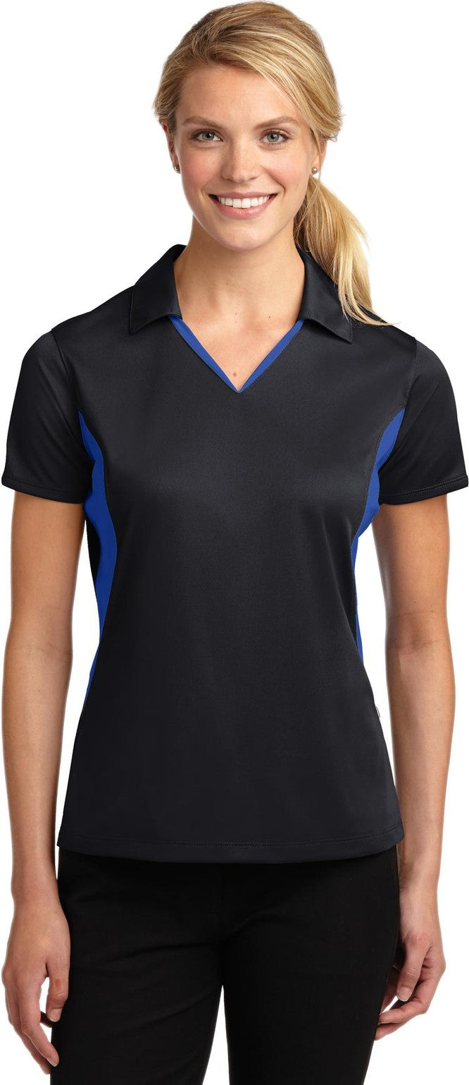 Front View of Black/True Ryl Sport-Tek Women's Side Blocked Micropique Sport-Wick Polo. LST655