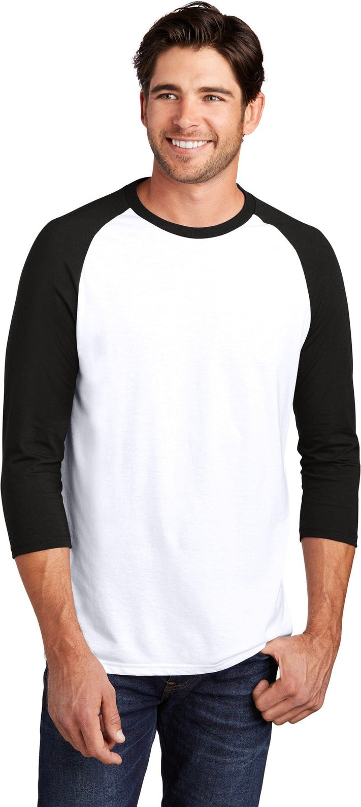 Front View of Black/White District Perfect Tri 3/4-Sleeve Raglan. DM136