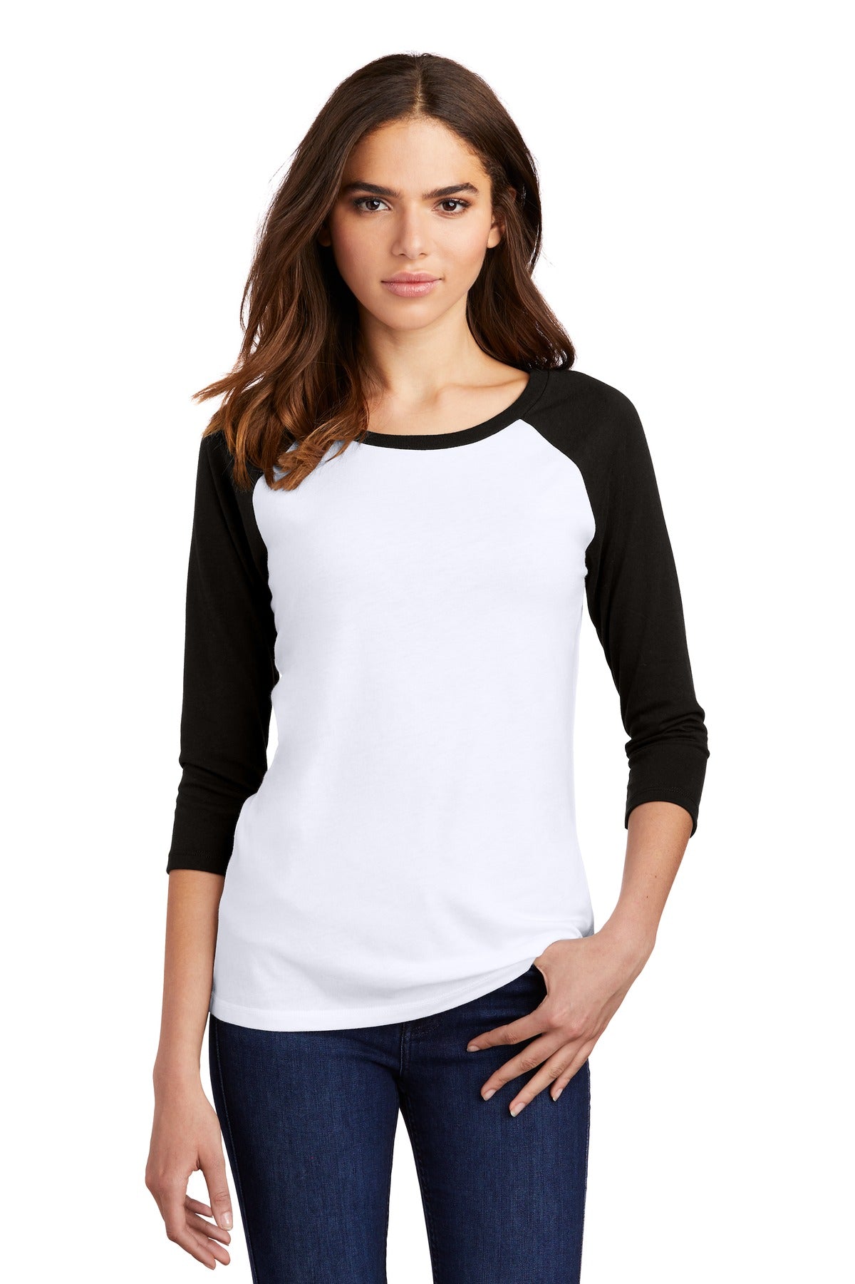 Front View of Black/White District Women's Perfect Tri 3/4-Sleeve Raglan. DM136L