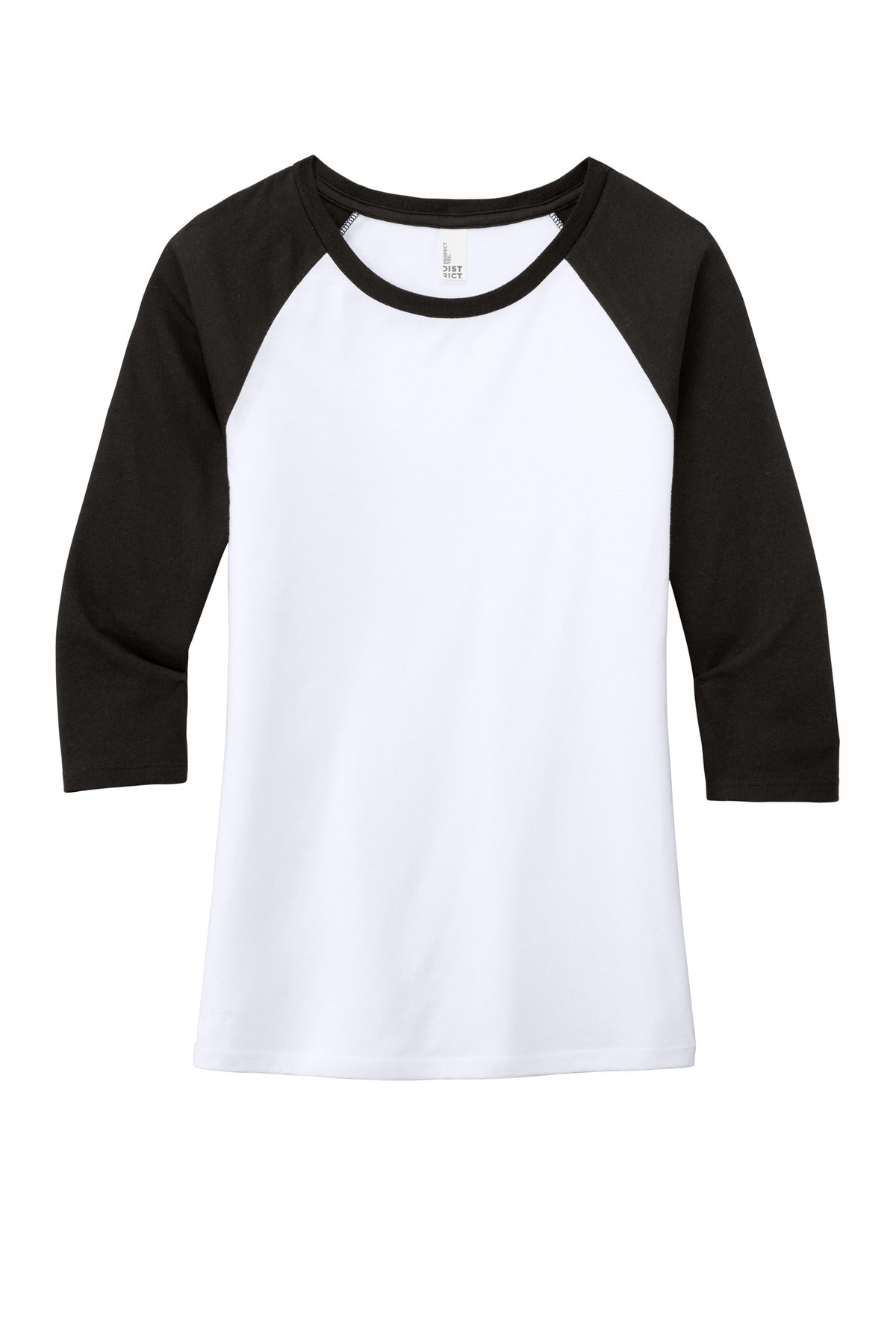 Front View of Black/White District Women's Perfect Tri 3/4-Sleeve Raglan. DM136L