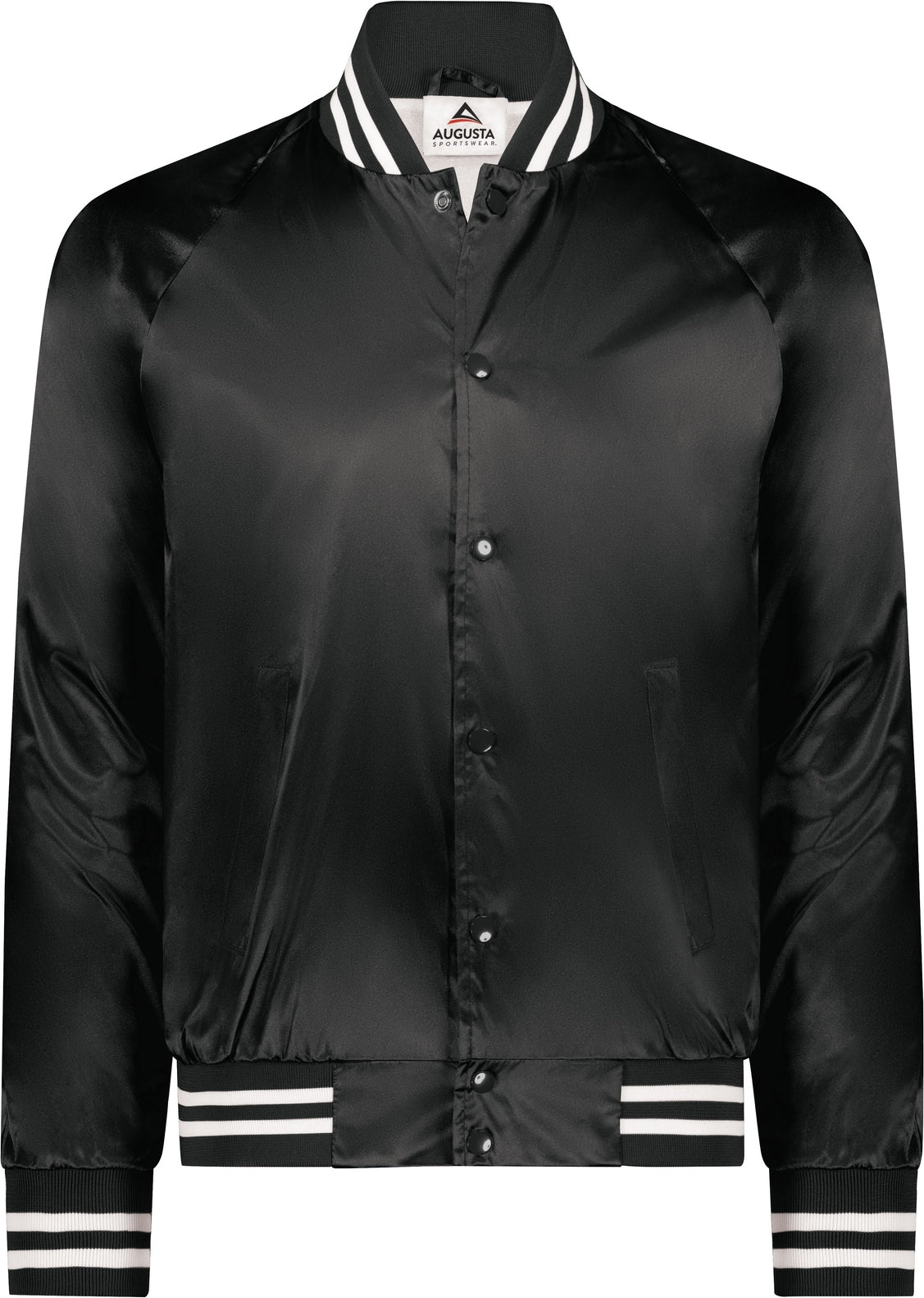Front View of BLACK/WHITE SATIN BASEBALL JKT/STRIPED TRM