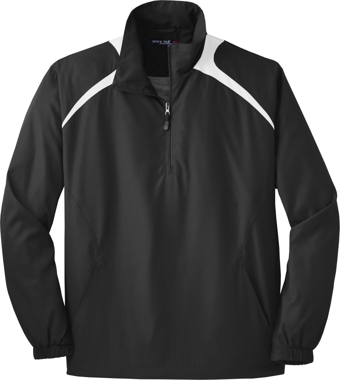 Front View of Black/White Sport-Tek 1/2-Zip Wind Shirt. JST75