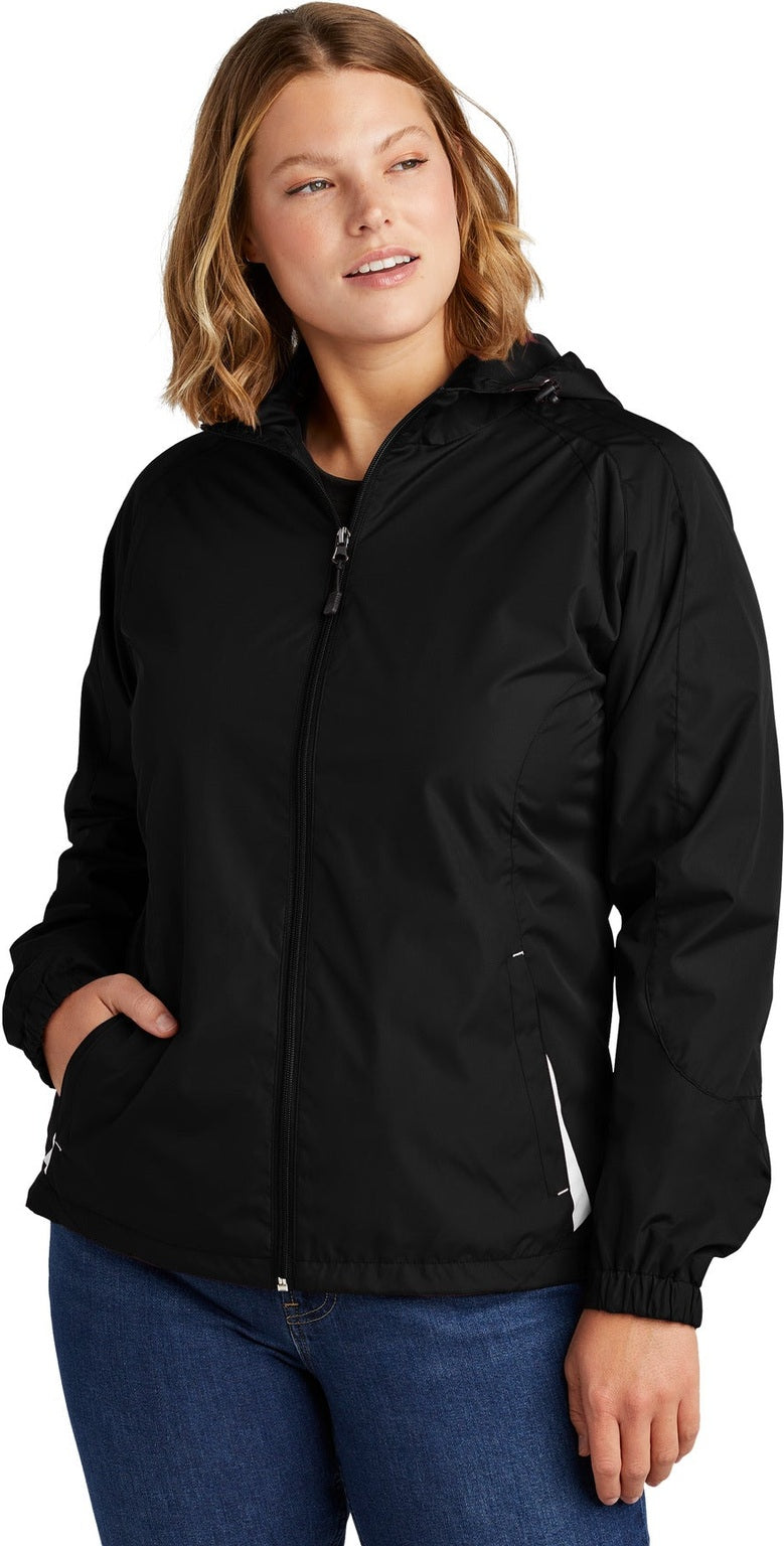 Front View of Black/White Sport-Tek Women's Colorblock Hooded Raglan Jacket. LST76
