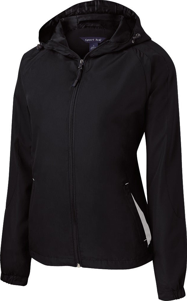 Front View of Black/White Sport-Tek Women's Colorblock Hooded Raglan Jacket. LST76