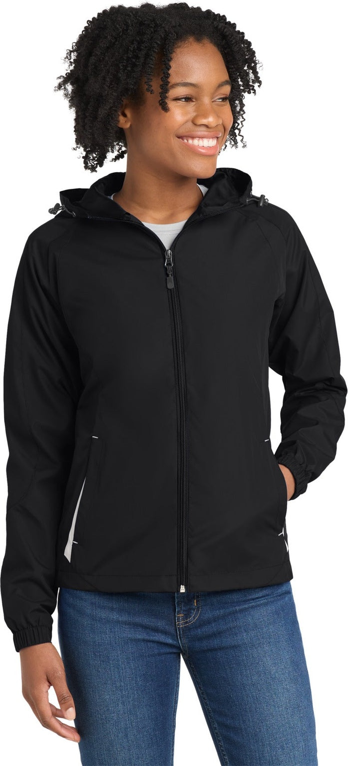 Front View of Black/White Sport-Tek Women's Colorblock Hooded Raglan Jacket. LST76