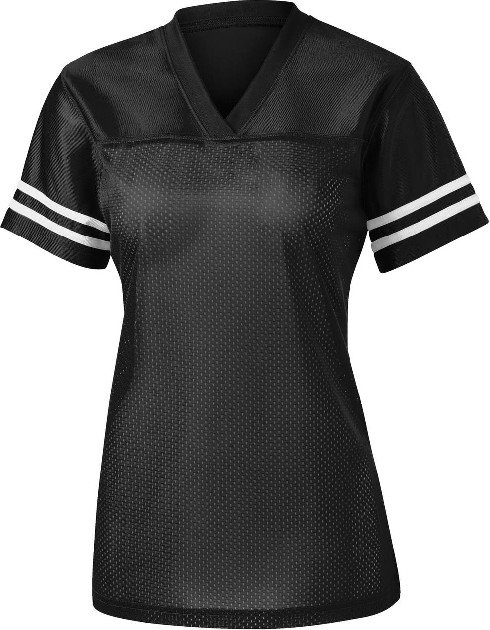 Front View of Black/White Sport-Tek Women's PosiCharge Replica Jersey. LST307