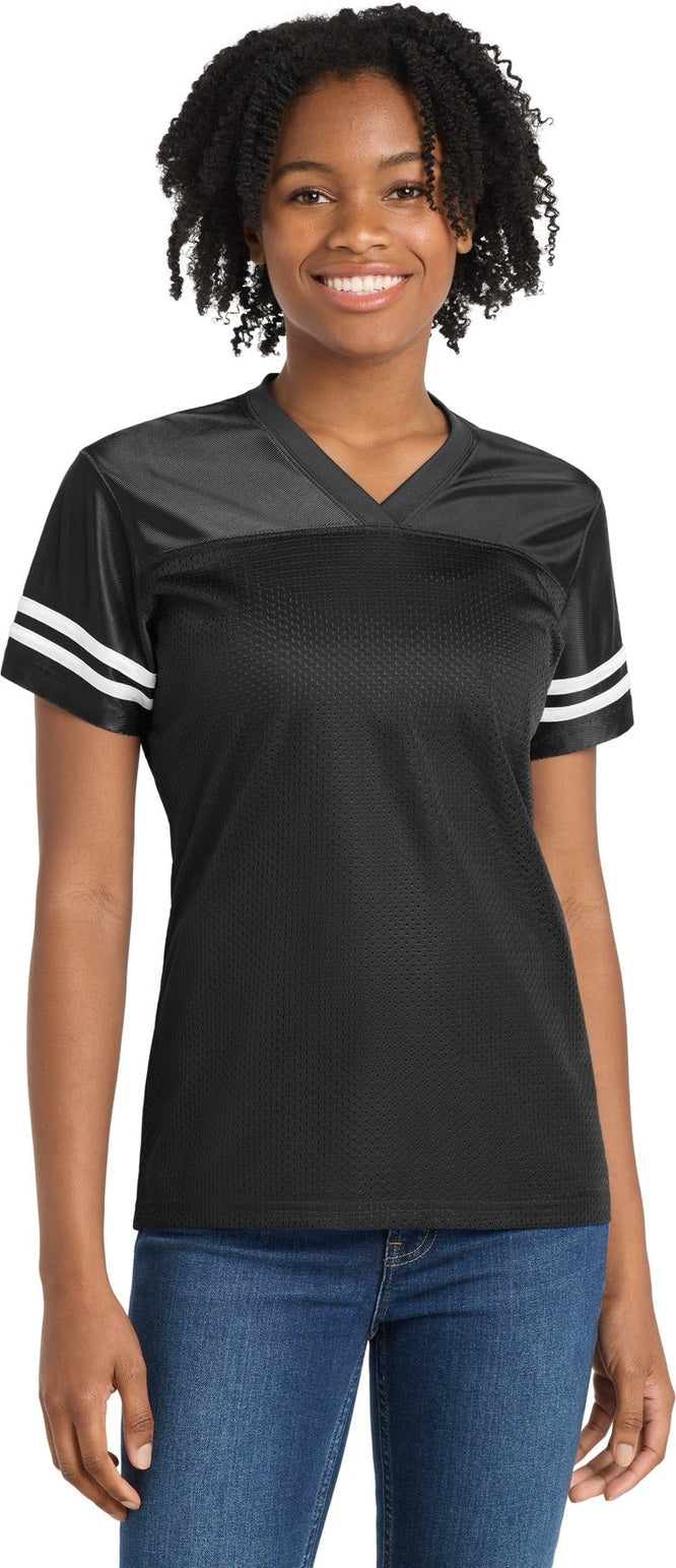Front View of Black/White Sport-Tek Women's PosiCharge Replica Jersey. LST307