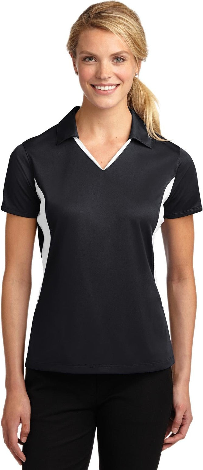 Front View of Black/White Sport-Tek Women's Side Blocked Micropique Sport-Wick Polo. LST655
