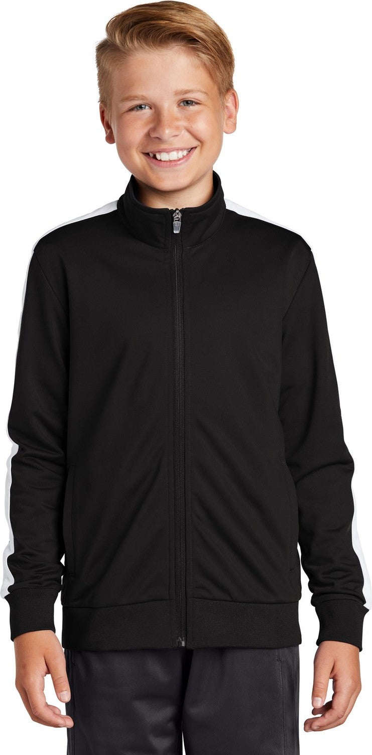 Front View of Black/White Sport-Tek Youth Tricot Sleeve Stripe Track Jacket. YST94