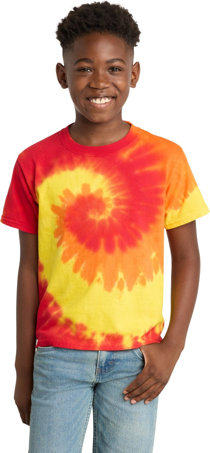 Front View of Blaze Rainbow Port & Co Youth Tie-Dye Tee. PC147Y