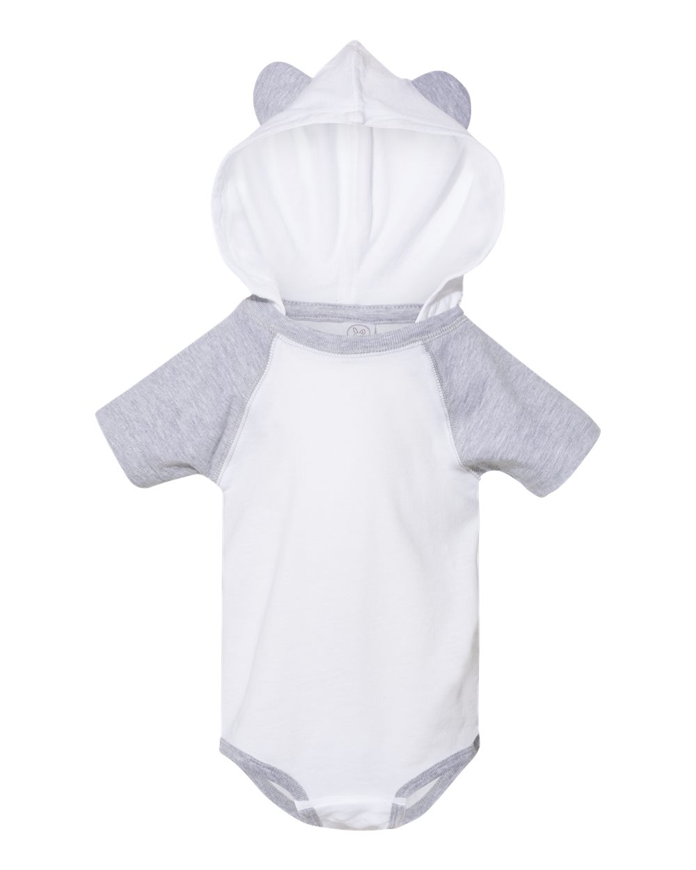 Front View of Blended White/ Vintage Heather Fine Jersey Infant Short Sleeve Raglan Bodysuit with Hood & Ears - 4417