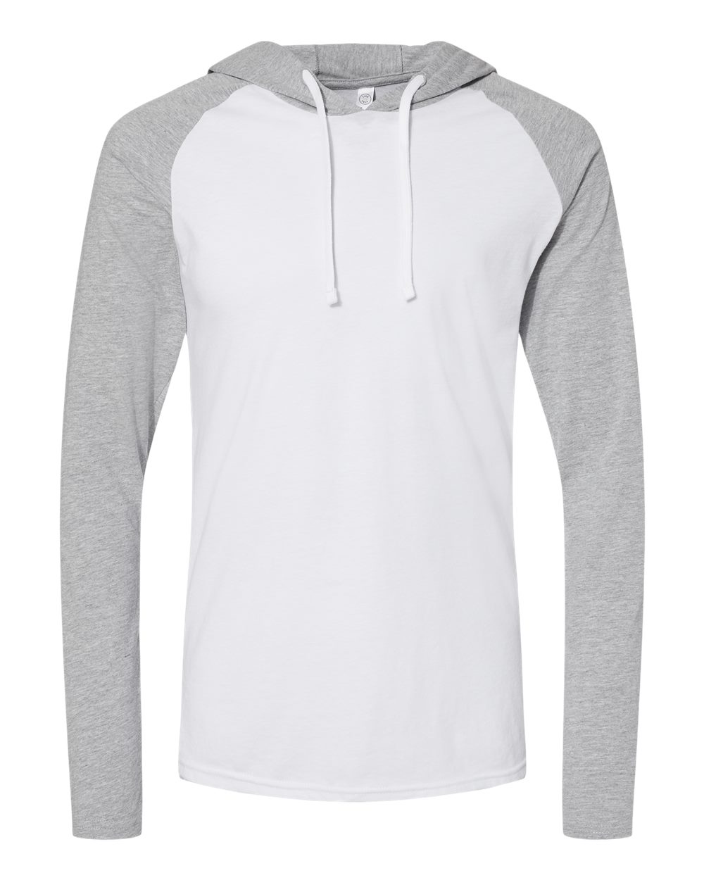 Front View of Blended White/ Vintage Heather/ White Fine Jersey Hooded Long Sleeve Raglan T-Shirt - 6917
