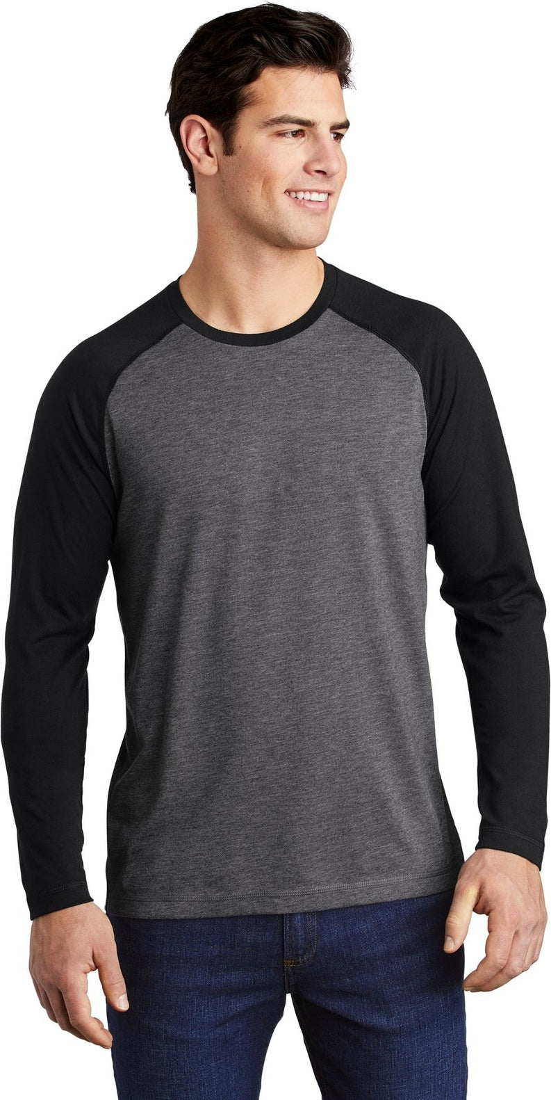Front View of Blk TS/Dk Gy H Sport-Tek PosiCharge Long Sleeve Tri-Blend Wicking Raglan Tee ST400LS