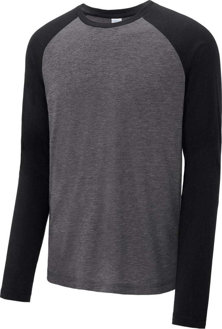 Front View of Blk TS/Dk Gy H Sport-Tek PosiCharge Long Sleeve Tri-Blend Wicking Raglan Tee ST400LS