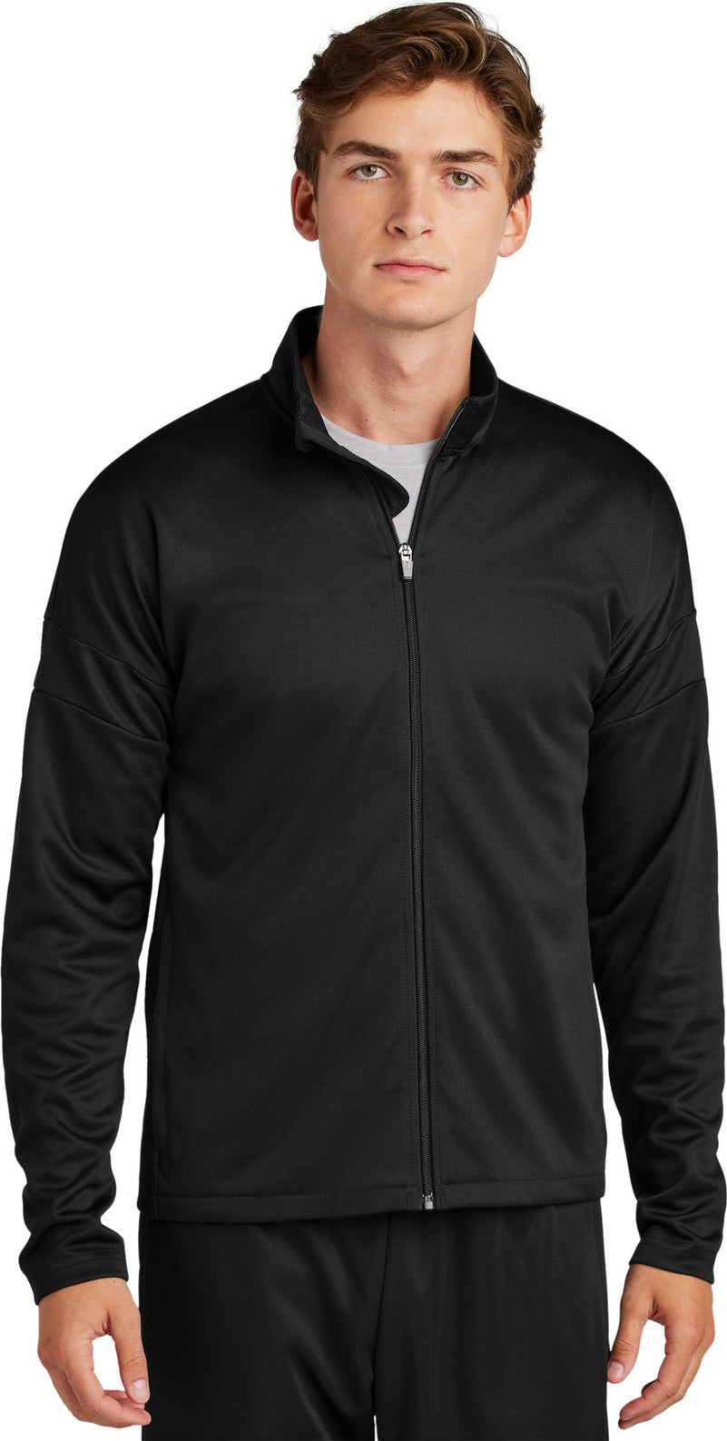 Front View of Blk/Blk Sport-Tek Travel Full-Zip Jacket ST800