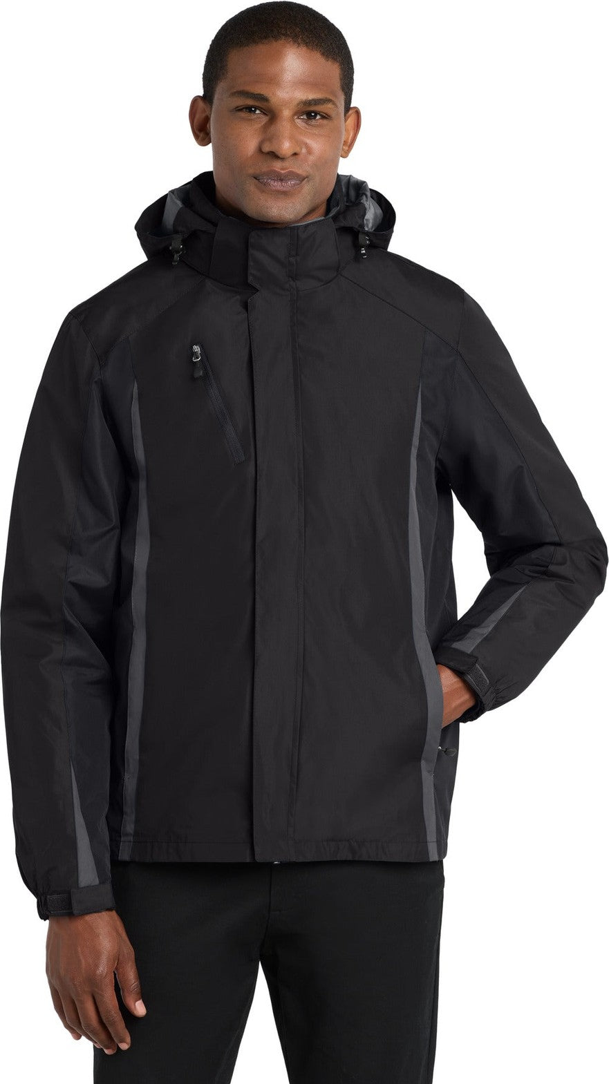 Front View of Blk/Blk/Mag Gy Port Authority Colorblock 3-in-1 Jacket. J321