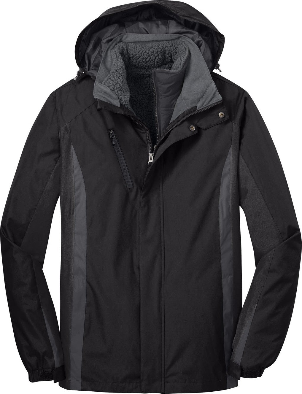 Front View of Blk/Blk/Mag Gy Port Authority Colorblock 3-in-1 Jacket. J321