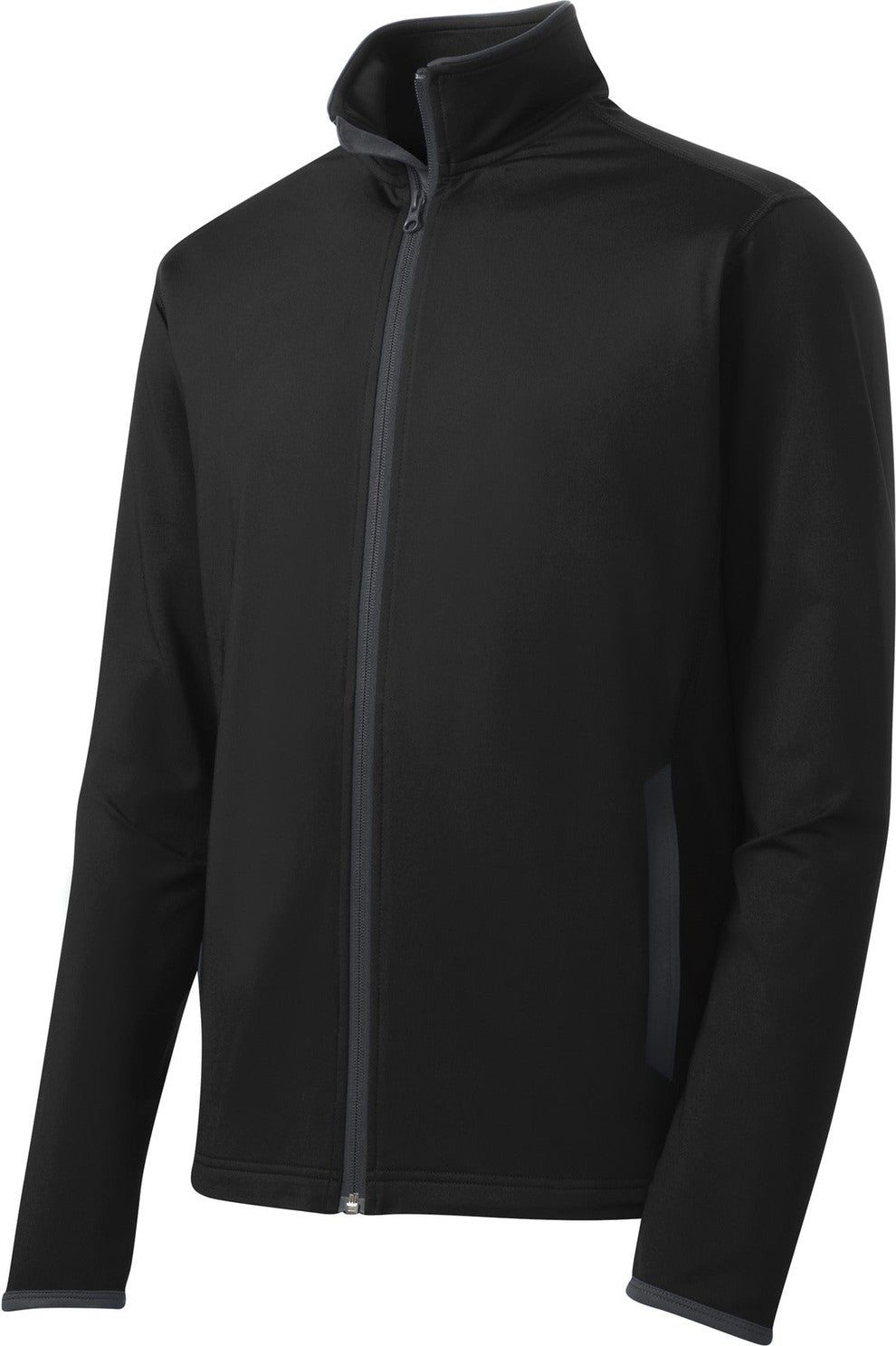 Front View of Blk/Char Grey Sport-Tek Sport-Wick Stretch Contrast Full-Zip Jacket. ST853